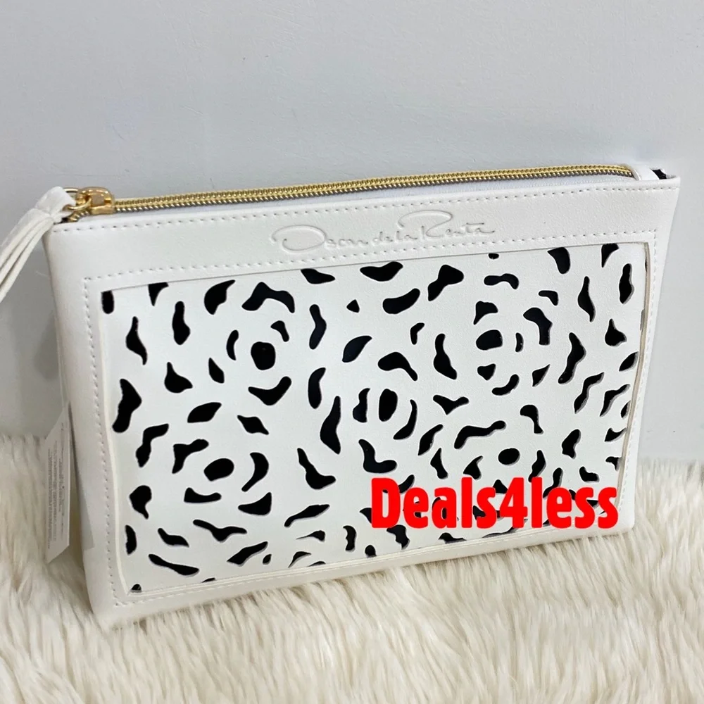 Oscar de la Renta Pouch Makeup Case Organizer Bag White Lined Perforated NEW
